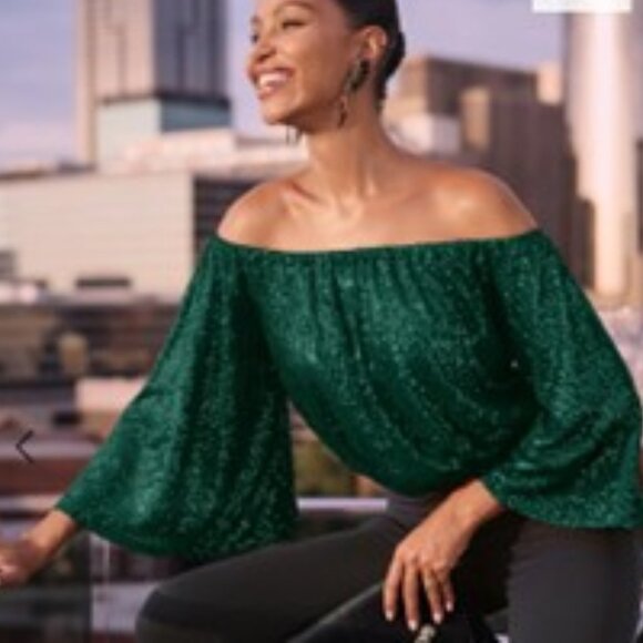 Allover SEQUIN Emerald Green Stretch Top NWT - Picture 3 of 5